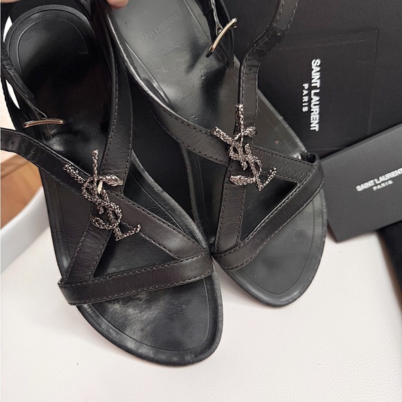 Saint Laurent Black Strappy YSL logo flat sandals black silver 37 + box - Picture 9 of 16
